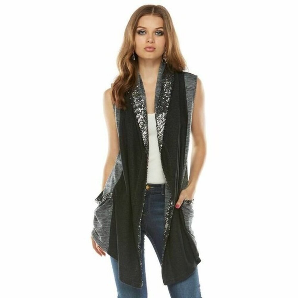 Juicy Couture Women's S Longline Sequin Sweater Vest Gray Black Y2K Bling Layer